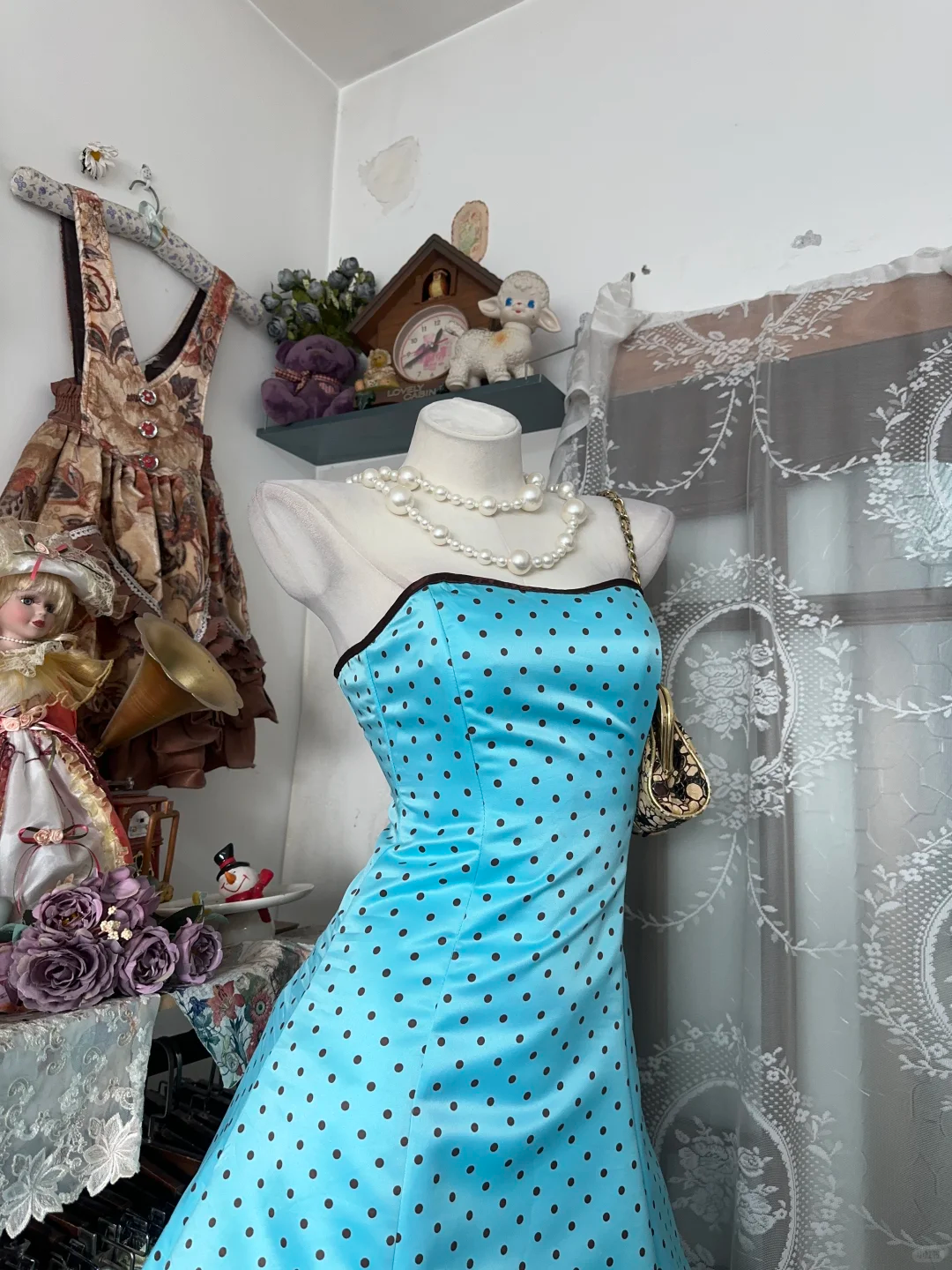 Cute Blue Vintage A Line Strapless Polka Dot Satin Short Homecoming Dress Outfits DP4996