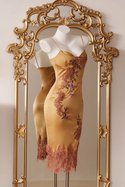 Vintage Sheath Spaghetti Strap Embroidery Satin Short Prom Dress Homecoming Dress DP5438