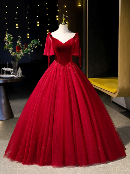 Red Velvet Tulle Beaded Formal Prom Dress Evening Party Dress DP398