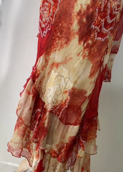 Vintage Mermaid Spaghetti Strap Ruffle Beaded Chiffon Prom Dress Evening Dress DP1566