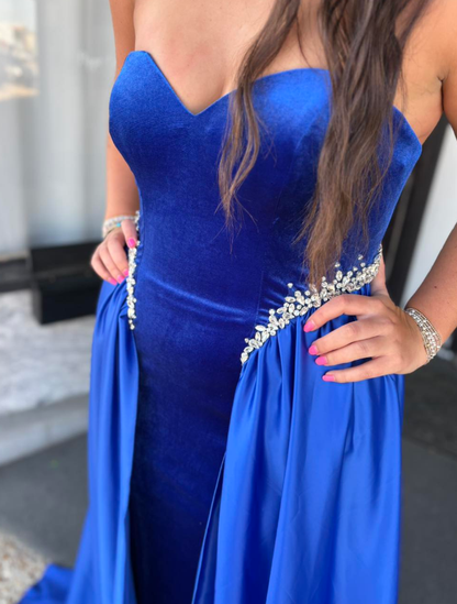 Royal Blue A Line Sweetheart Neck Beaded Velvet Satin Long Prom Dress Evening Dress DP6267