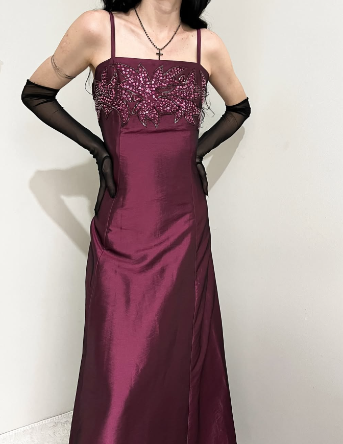 Vintage A Line Spaghetti Strap Sequin Beaded Satin Prom Dress Graduation Prom Dress DP2256