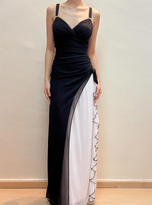 Vintage Black-white A Line Straps Chiffon Prom Dress Evening Dress Date Dress DP5271