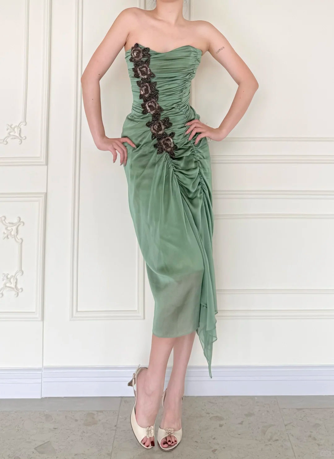 Vintage Sage Green Exquisite Beaded Pleated Satin Tea Length Prom Dress DP5164