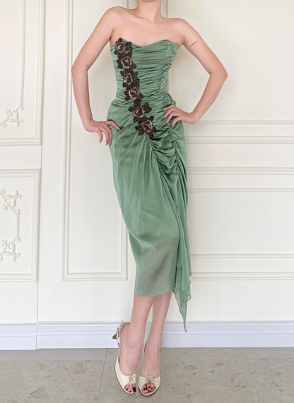 Vintage Sage Green Exquisite Beaded Pleated Satin Tea Length Prom Dress DP5164
