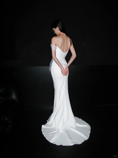 Elegant Stunning Sheath One Shoulder Flowy Tulle Satin Long Wedding Dress DP6381
