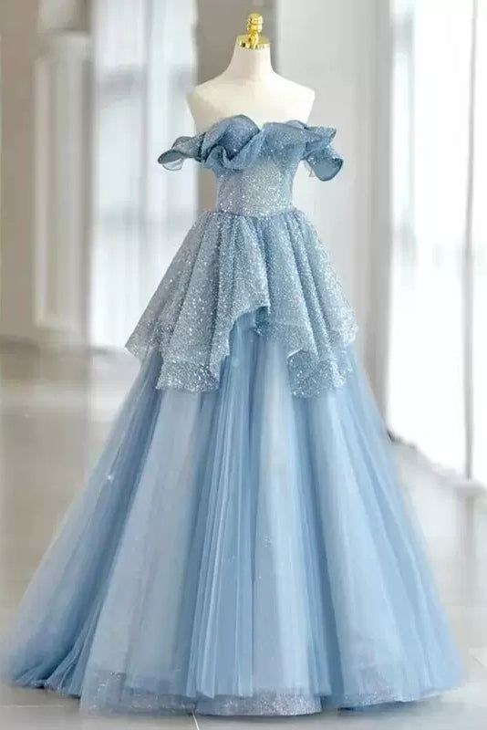 Sky Blue Off the Shoulder Sequins Tulle Prom Dress Sparkly Long Party Gown DP334