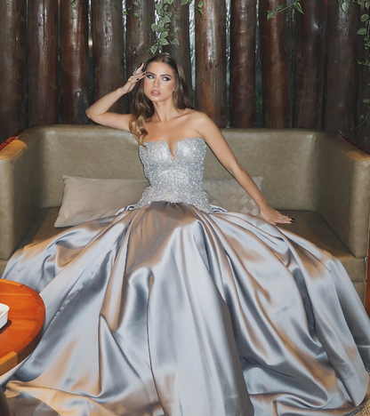 Simple A Line Strapless Beaded Grey Satin Long Prom Dress Evening Dress DP1919