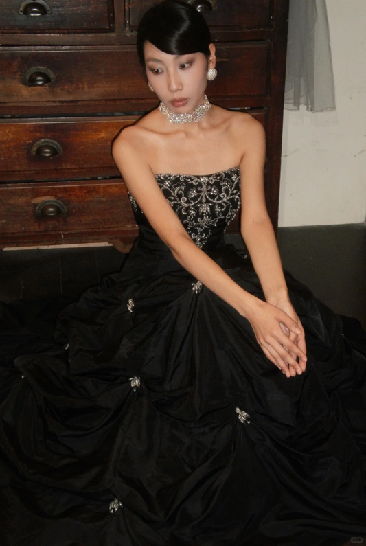 Vintage Ball Gown Strapless Beaded Black Satin  Prom Dress Evening Dress DP5143