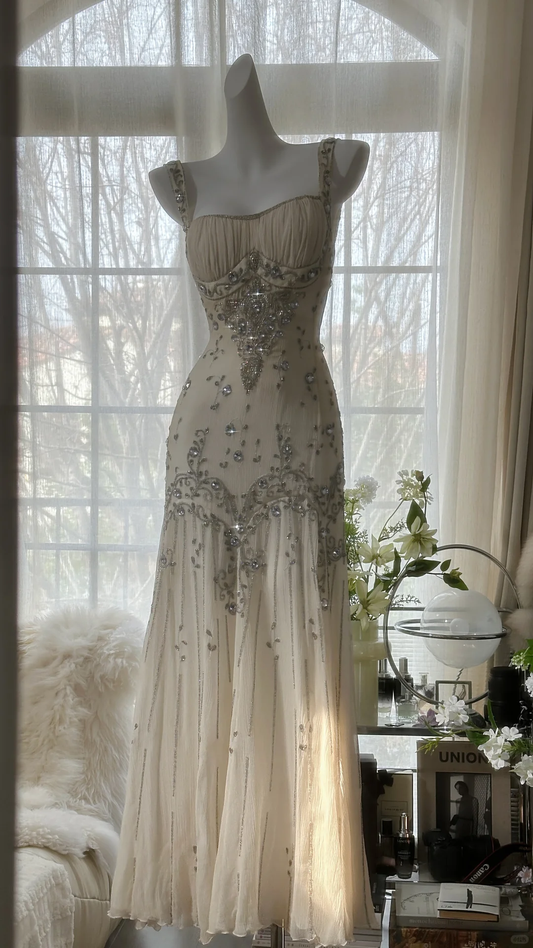 Romantic Ivory Flowy Rhinestone Chiffon Prom Dress Date Dress Birthday Dress DP2948