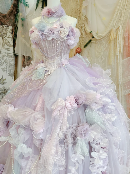 Exquisite Ball Gown Halter Purple Floral Organza Beaded Prom Dress 16th Birthday Dress DP3838