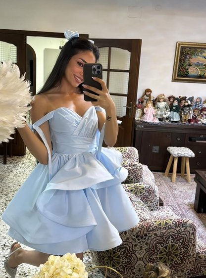 Baby Blue A Line Off the Shoulder Pleated Satin Short Homecoming Dress Birthday Dress DP2976