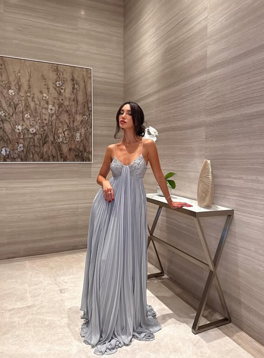 Blue Grey A Line Spaghetti Strap Sequin Beaded Pleated Chiffon Prom Dress 18th Birthday Dress DP3782