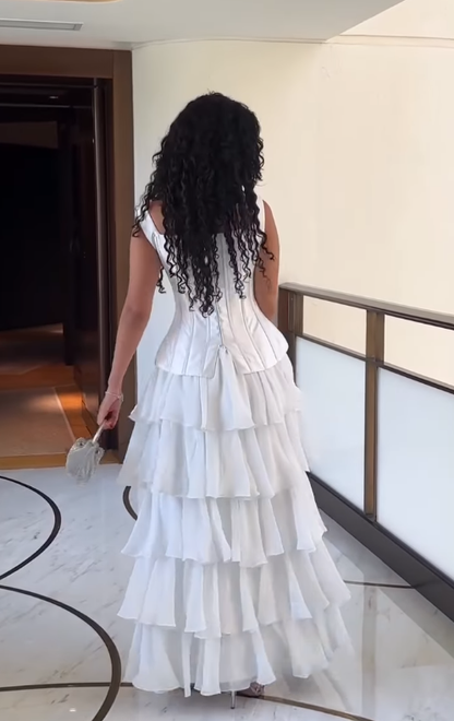 White A Line Straps Beaded Layered Chiffon Satin Prom Dress Evening Dress DP4340