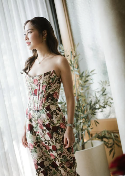 Vintage Mermaid Strapless Print Floral Satin Prom Dress Outfits DP4378