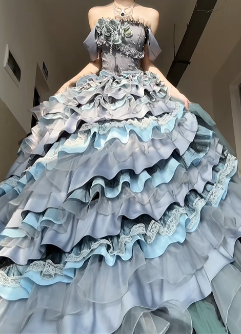 Grey Ball Gown Off the Shoulder Exquisite Beaded Layered Satin Prom Dress Graduation Ball Gown DP4580