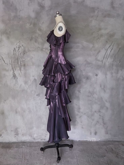 Dark Purple Asymmetrical Layered Ruffles Evening Gown Prom Dress Outfits DP666