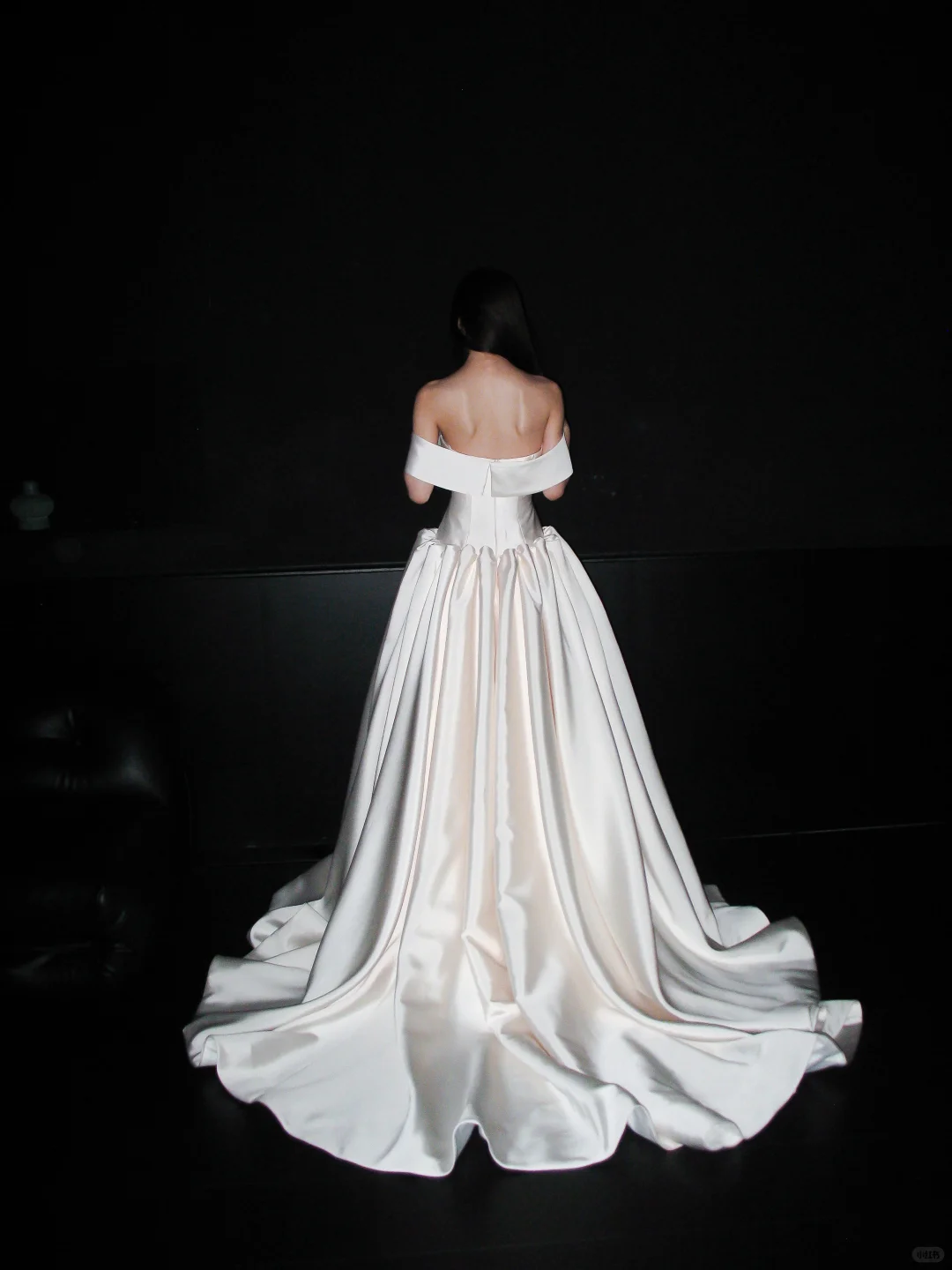 Elegant White Ball Gown Off the Shoulder Satin Long Train Wedding Dress DP8095