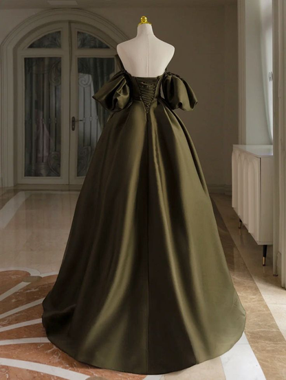 A-Line Puff Sleeves Olive Green Satin Long Prom Dress Ball Gown DP201