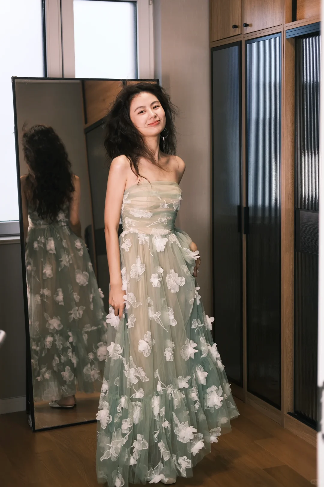 Gentle A Line Strapless White Flower Green Tulle Prom Dress Evening Dress DP2465