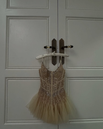 Apricot A Line Spaghetti Strap Rhinestone Corset Tulle Short Prom Dress Homecoming Dress DP7964