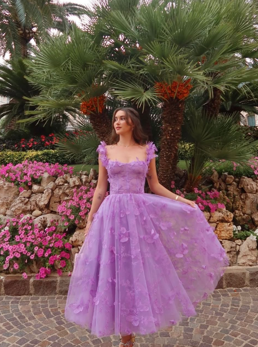 Purple A Line Straps 3D Butterfly Tulle Prom Dress Evening Dress DP1586