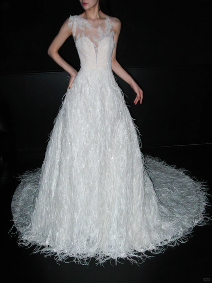 New A Line Sweetheart Neck White Applique Feather Tulle Long Wedding Dress DP8115