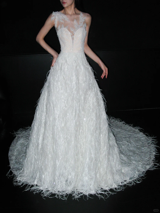 New A Line Sweetheart Neck White Applique Feather Tulle Long Wedding Dress DP8115