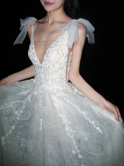 Princess A Line V Neck White Beaded Sequin Lace Tulle Long Wedding Dress DP8114