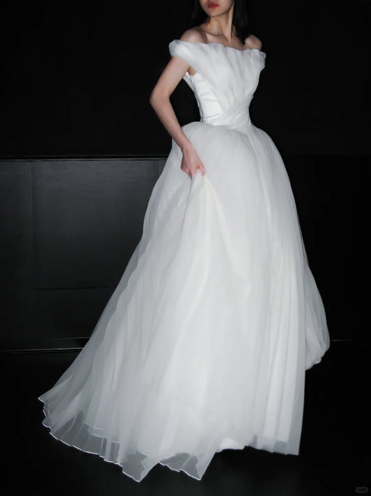 Dreamy Flowy Ball Gown Off the Shoulder White Tulle Long Wedding Dress DP6362