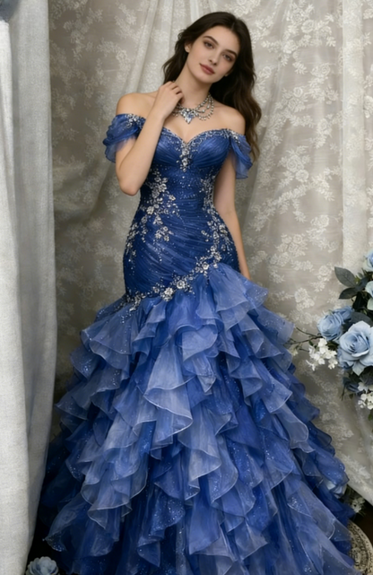 Blue Dreamy Mermaid Exquisite Beaded Layered Ruffle Tulle Prom Dress Evening Gown DP5039