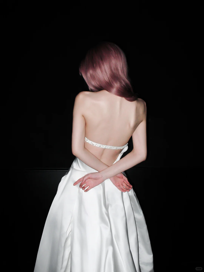 Stunning A Line Halter White Satin Backless Long Wedding Dress DP5201