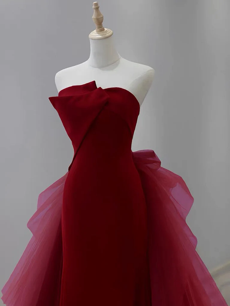 Strapless Mermaid Tulle Velvet Burgundy Long Prom Dress Evening Dress DP428