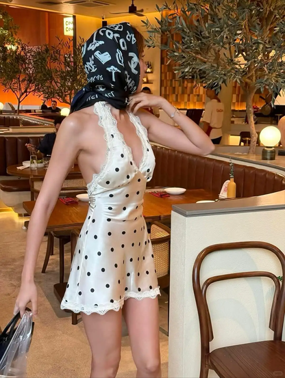Cute A Line Halter Classic Polka Dot Lace Satin Short Homecoming Dress Outfits DP4518
