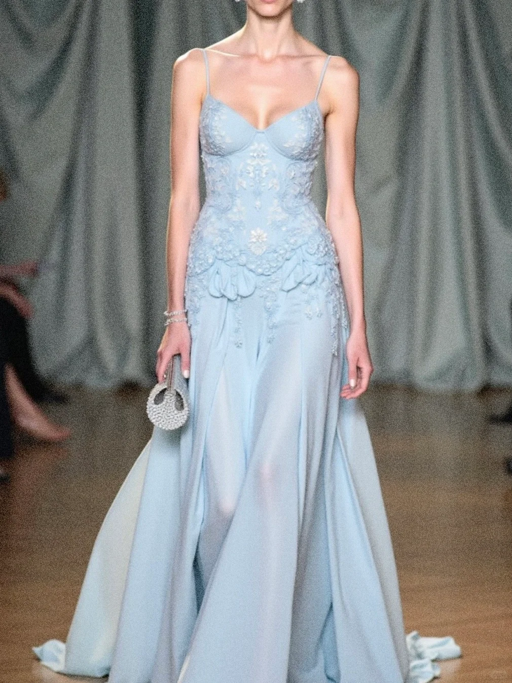 Blue A Line Spaghetti Strap Appliques Chiffon Long Prom Dress Wedding Guest Dress DP4543