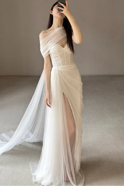 Sweetheart Sleeveless Tulle Pleated Sheer High Slit Mermaid Prom Dress with Train DP7623