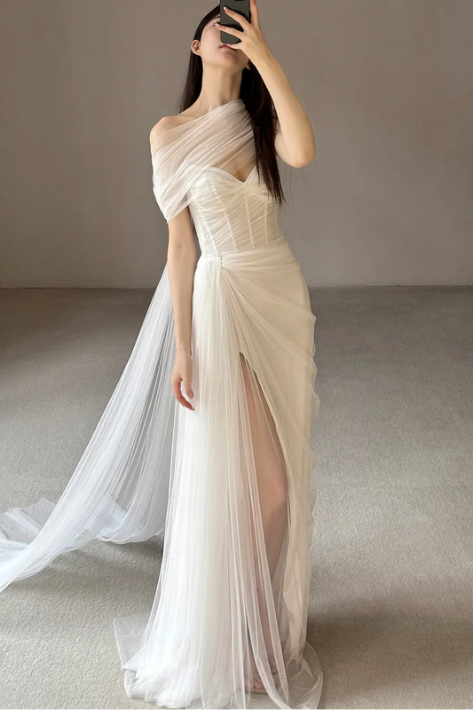 Sweetheart Sleeveless Tulle Pleated Sheer High Slit Mermaid Prom Dress with Train DP7623