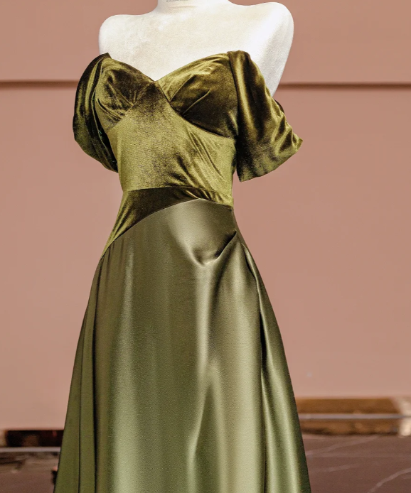 Olive Green Ball Gown Off the Shoulder Velvet Satin Prom Dress Wedding Guest Dress DP3878