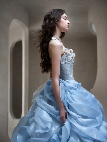 Exquisite Blue Floral Ball Gown Strapless Beaded Organza Long Prom Dress Evening Dress Formal Gown DP3435