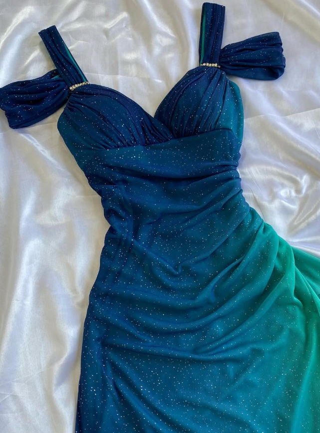Vintage A Line Off the Shoulder Green-blue Ombre Chiffon Prom Dress DP5085