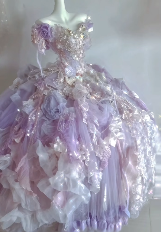 Lilac Ball Gown Off the Shoulder Floral Beaded Tulle Prom Dress 18th Birthday Dress DP4149