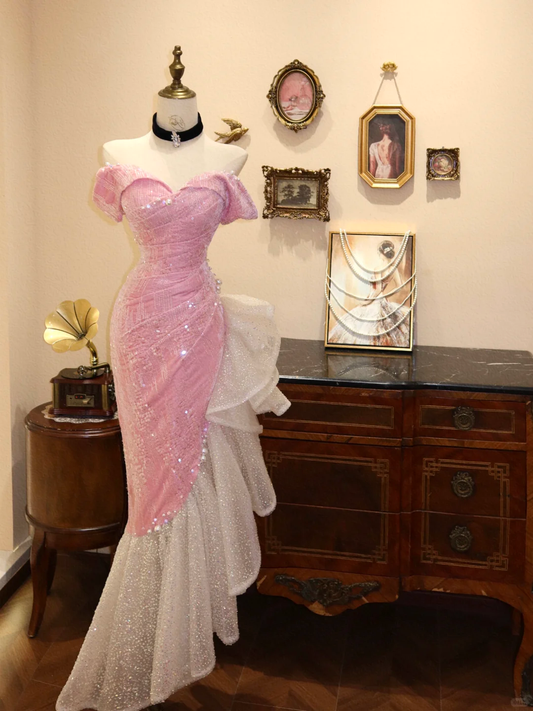Pink Mermaid Off the Shoulder Sequin Velvet Prom Dress 16th Birthday Dress DP3905