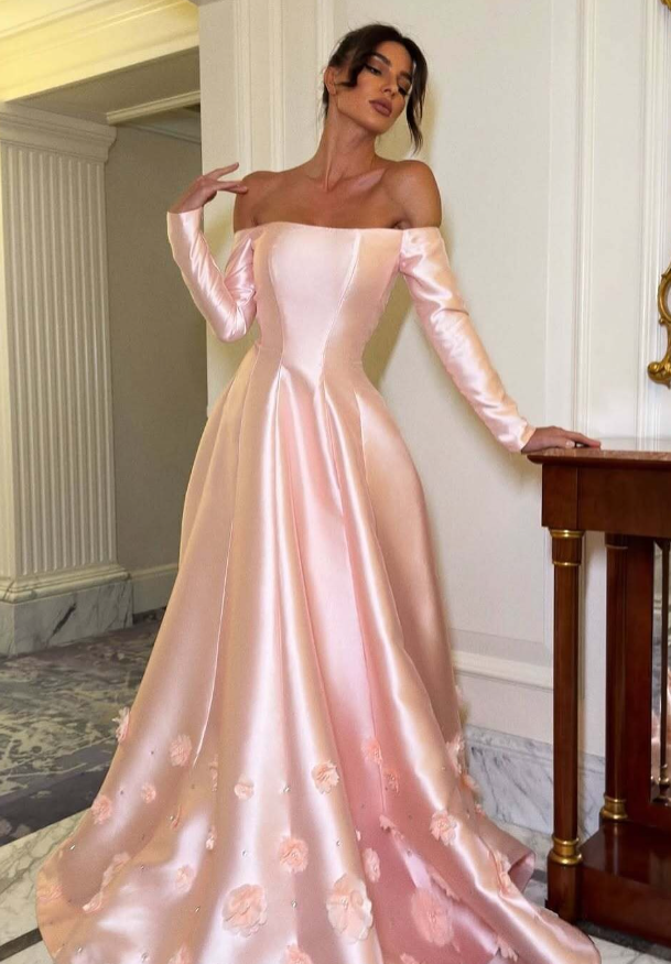 Pink A Line Long Sleeve Floral Satin Long Prom Dress Evening Dress DP4331