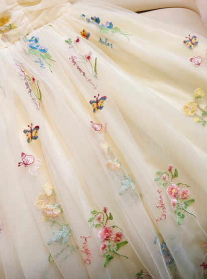 Cute Yellow A Line Spaghetti Strap Embroidery Floral Tulle Prom Dress Party Dress DP4490