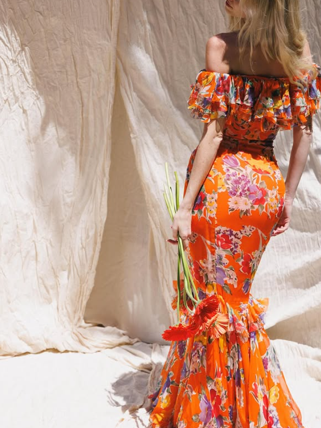 Mermaid Off the Shoulder Print Floral Orange Chiffon Long Prom Dress Party Dress DP3778