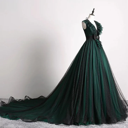 Gothic Forest Green Tulle Ball Gown Ruffles V Neck Long Prom Dress  DP453