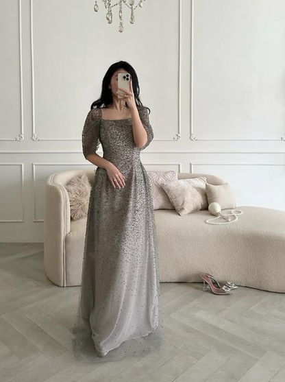 Brown A Line Off the Shoulder Ombre Sequin Tulle Prom Dress Evening Dress DP5776