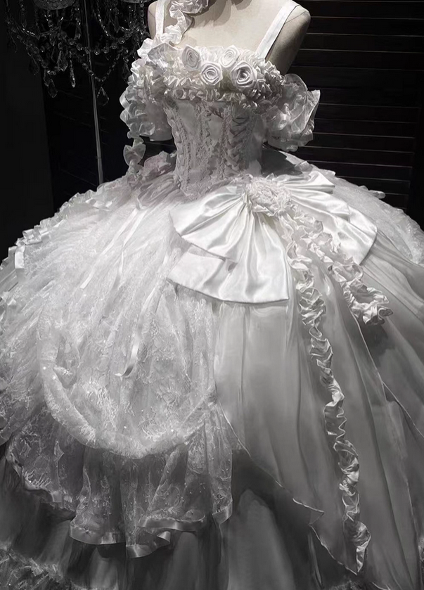 White Rose Ball Gown Off the Shoulder Lace Tulle Lolita Goth Boning Dress Prom Dress DP4508
