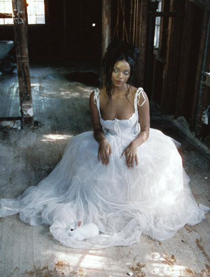 Retro Unique Ball Gown Spaghetti Strap Corset White  Satin Tulle Wedding Dress DP3283