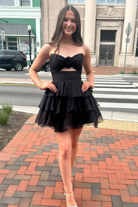 Well-made A Line Sweetheart Black Short Homecoming Dress with Ruffles Keyhole DP7203